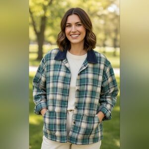 Quizz New York Shacket Shirt Women's Sz 20 Blue Green Plaid Corduroy Collar Vtg